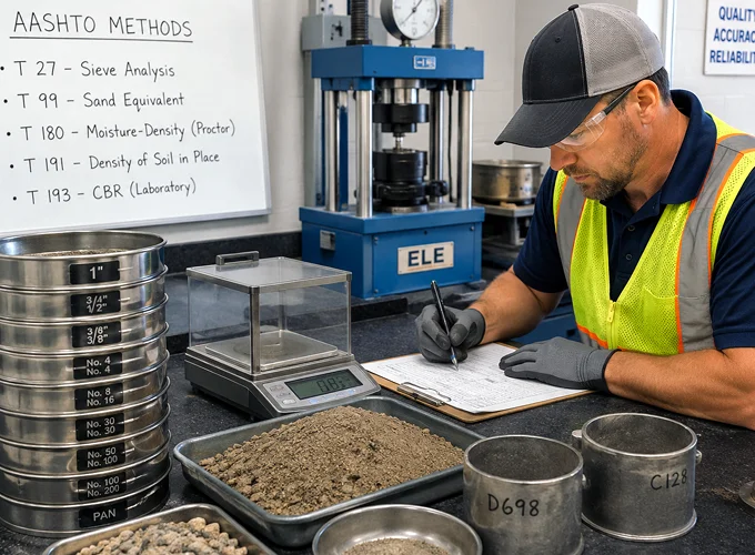 A technician records aggregate and soil testing results in a laboratory using AASHTO testing methods.