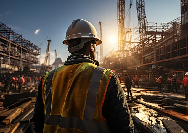 Construction professional wearing a hard hat and safety vest overlooking an active commercial concrete construction project.