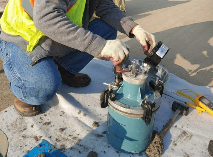 Concrete technician operating field testing equipment to evaluate fresh concrete on a commercial construction project.