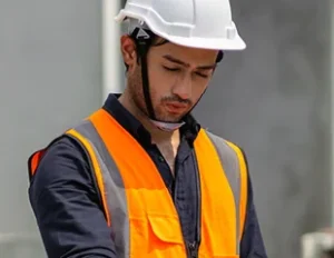 Construction professional wearing a hard hat and safety vest representing ACI Carolinas Individual Membership.