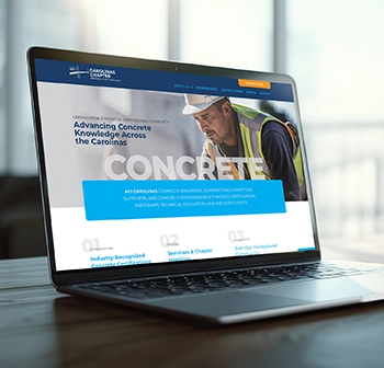 Laptop displaying the ACI Carolinas website homepage with resources for concrete professionals in North and South Carolina.