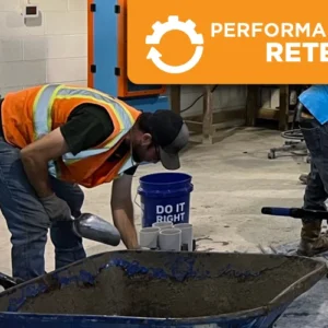 Concrete certification candidate performing a hands-on performance retest during an ACI Carolinas certification session.