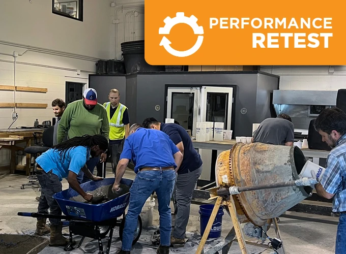 Concrete certification candidates completing a hands-on performance retest during an ACI Carolinas certification session.
