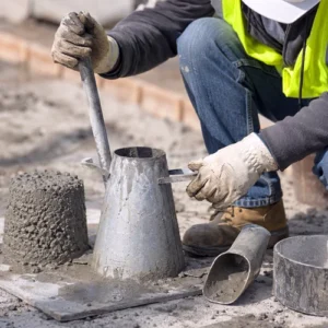 Concrete field testing technician performing a slump test with fresh concrete at a construction site.