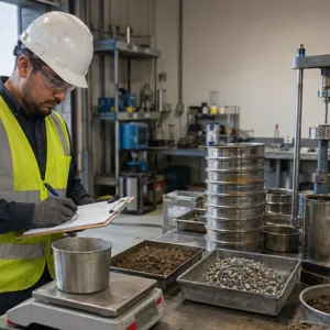 Laboratory technician performing aggregate testing and quality control procedures using sieves and testing equipment.