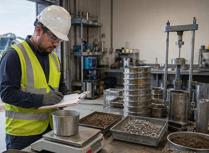 Laboratory technician performing aggregate testing and quality control procedures using sieves and testing equipment.