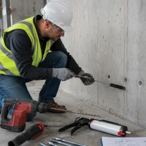 Adhesive Anchor Installer preparing anchor holes in a concrete wall with installation tools and threaded rods nearby.