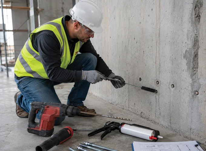 Adhesive Anchor Installer preparing anchor holes in a concrete wall with installation tools and threaded rods nearby.