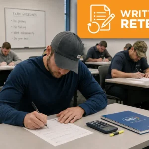 Certification candidates completing the written retest for the Aggregate Base Testing Technician – ASTM Methods certification at ACI Carolinas.