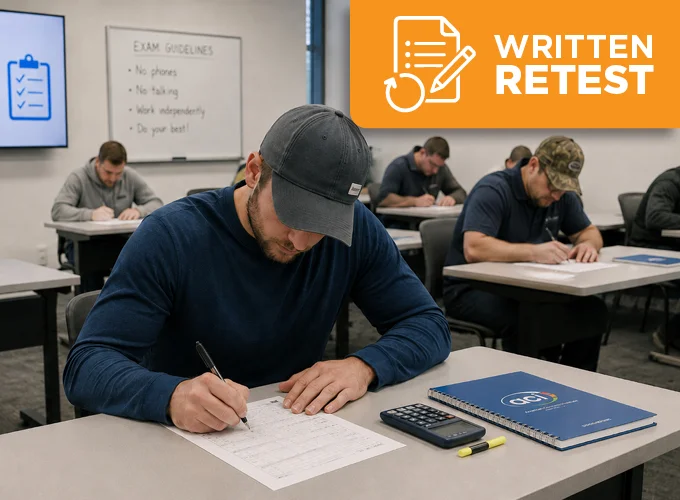 Certification candidates completing the written retest for the Aggregate Base Testing Technician – ASTM Methods certification at ACI Carolinas.