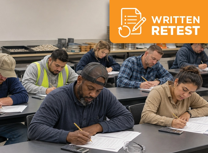Diverse group of aggregate testing technician candidates taking a Level 1 written exam in a classroom with sieves, aggregate samples, calculators, and safety glasses nearby.