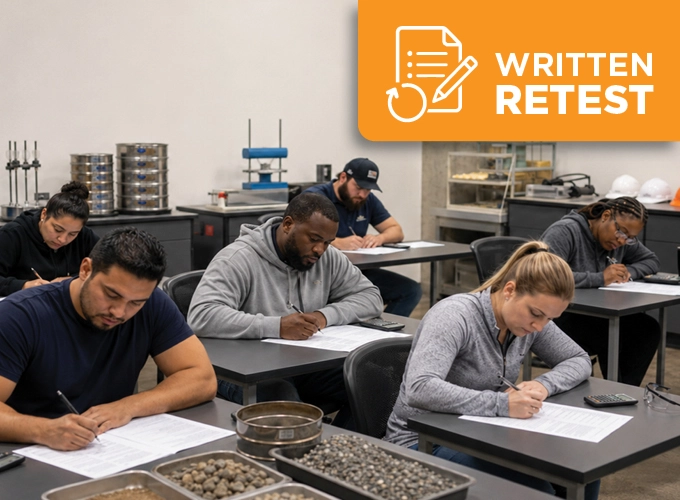 Diverse group of aggregate testing technician candidates taking a Level 2 written exam in a materials testing lab.