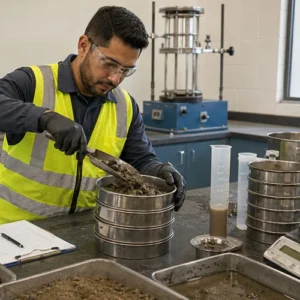 Certification candidate performing aggregate testing procedures during the Aggregate Testing Technician Level 2 Written and Performance certification at ACI Carolinas.