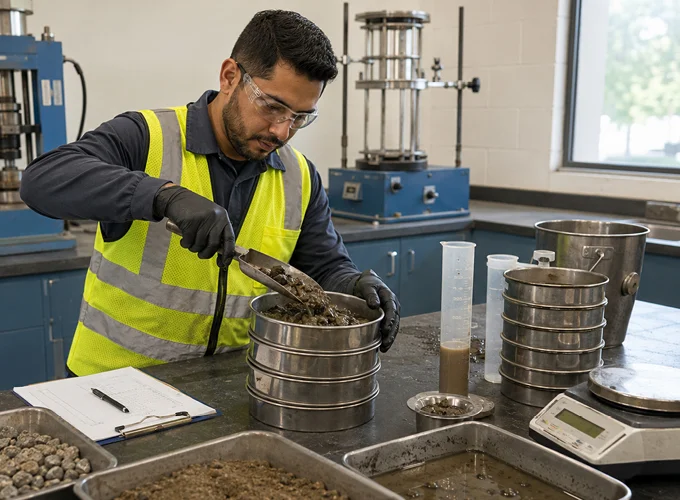 Certification candidate performing aggregate testing procedures during the Aggregate Testing Technician Level 2 Written and Performance certification at ACI Carolinas.