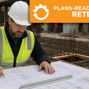 Concrete Construction Special Inspector reviewing structural drawings and plans at an active construction site.