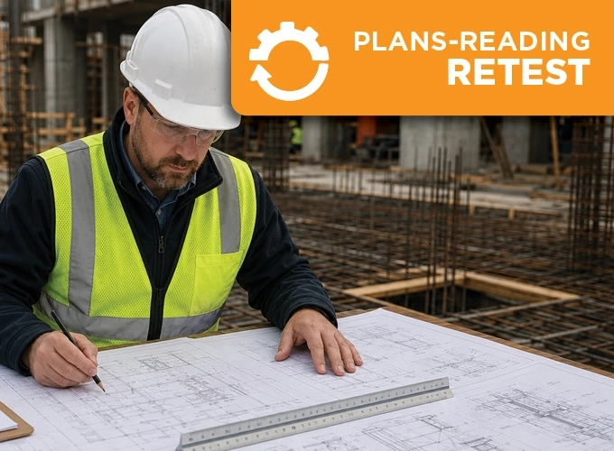 Concrete Construction Special Inspector reviewing structural drawings and plans at an active construction site.