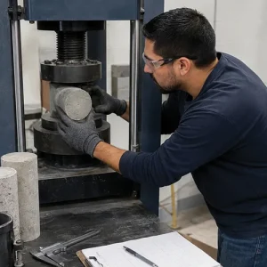 Concrete Laboratory Testing Technician positioning a concrete cylinder for splitting tensile strength testing in a laboratory compression machine.
