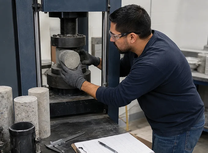 Concrete Laboratory Testing Technician positioning a concrete cylinder for splitting tensile strength testing in a laboratory compression machine.