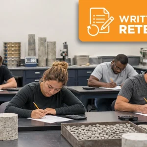 Concrete Laboratory Testing Technician Level 2 candidates taking a written exam in a lab classroom with concrete cylinders, aggregate samples, calculators, and testing equipment.