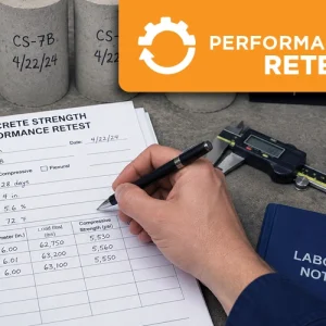 Concrete strength testing technician recording performance retest results with concrete cylinders, calipers, and lab tools nearby.