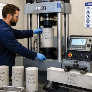 Concrete Strength Testing Technician positioning a concrete cylinder in a compression testing machine.