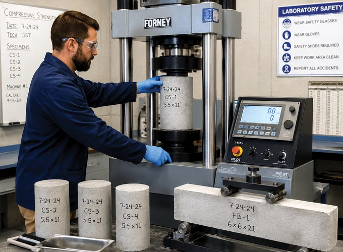 Concrete Strength Testing Technician positioning a concrete cylinder in a compression testing machine.