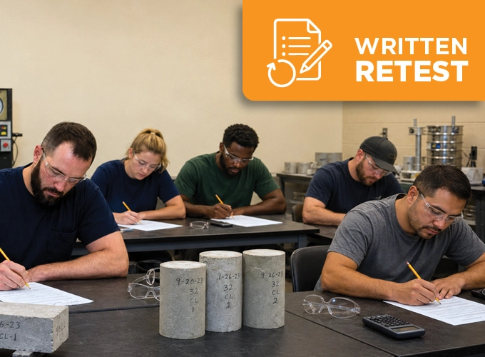 Concrete strength testing candidates taking a written retest in a laboratory classroom with concrete cylinders and testing equipment nearby.