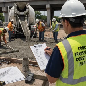 Concrete Transportation Construction Inspector reviewing a checklist and site plans while concrete is placed on a transportation project.