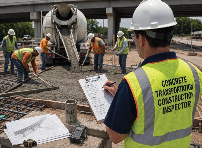 Concrete Transportation Construction Inspector reviewing a checklist and site plans while concrete is placed on a transportation project.