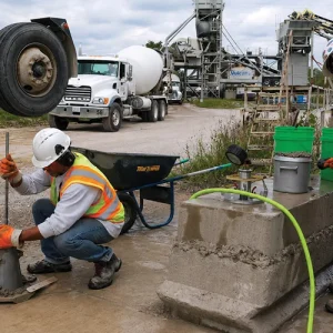 Concrete testing technicians performing Field Grade 1 / NCDOT testing at a concrete plant with a slump cone and fresh concrete samples.