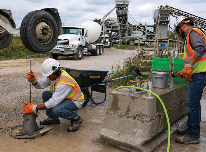 Concrete testing technicians performing Field Grade 1 / NCDOT testing at a concrete plant with a slump cone and fresh concrete samples.