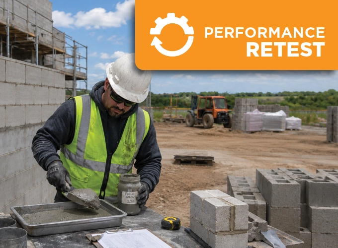 Masonry Field Testing Technician preparing a grout sample at an active masonry construction site.