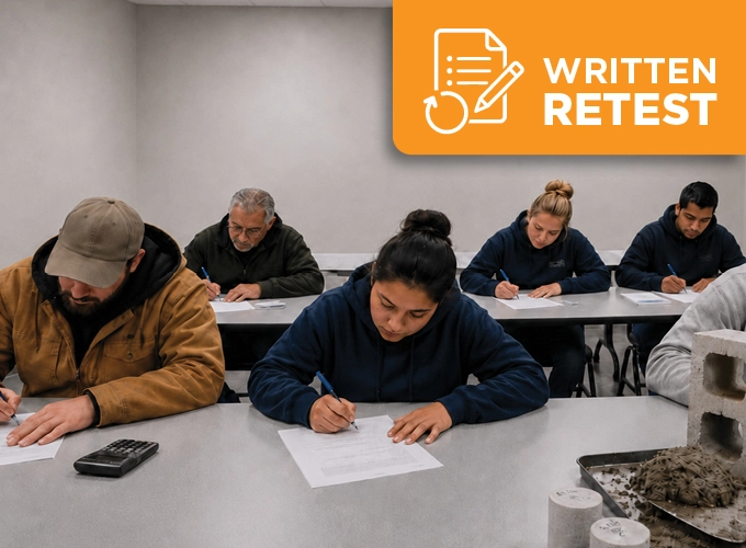 Masonry laboratory testing candidates taking a written retest in a classroom with masonry units, mortar samples, and testing materials on the table.