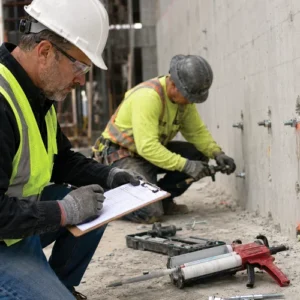 Concrete anchor installation inspector recording results while a worker installs post-installed anchors in a concrete wall.