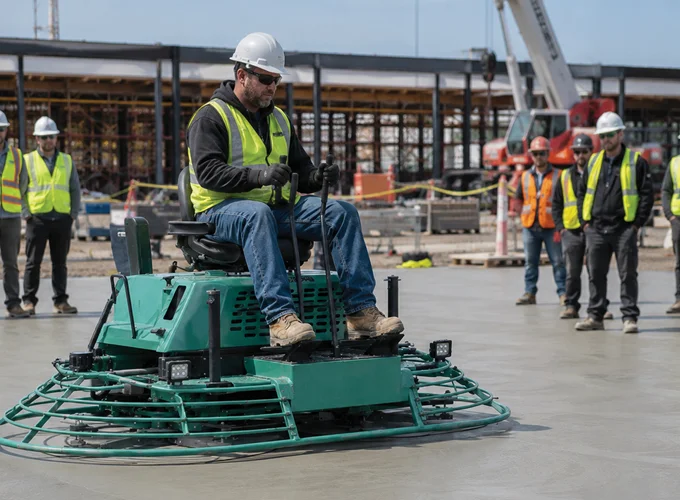 Concrete finisher operating a ride-on power trowel to smooth a freshly finished concrete slab.
