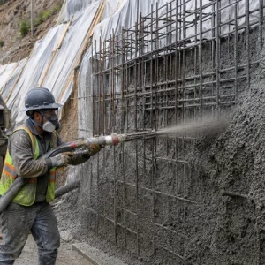 Shotcreter applying wet-mix shotcrete to a reinforced wall using a concrete pump and spray nozzle.
