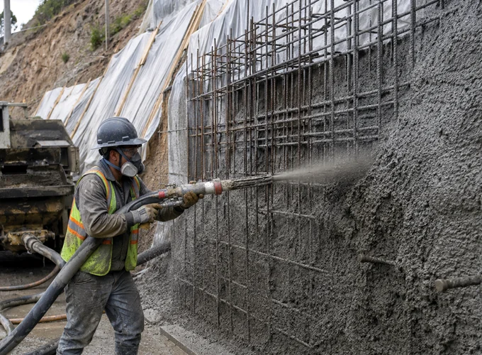 Shotcreter applying wet-mix shotcrete to a reinforced wall using a concrete pump and spray nozzle.