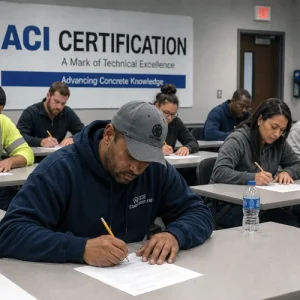 Diverse group of construction professionals taking a written exam for tilt-up concrete certification.