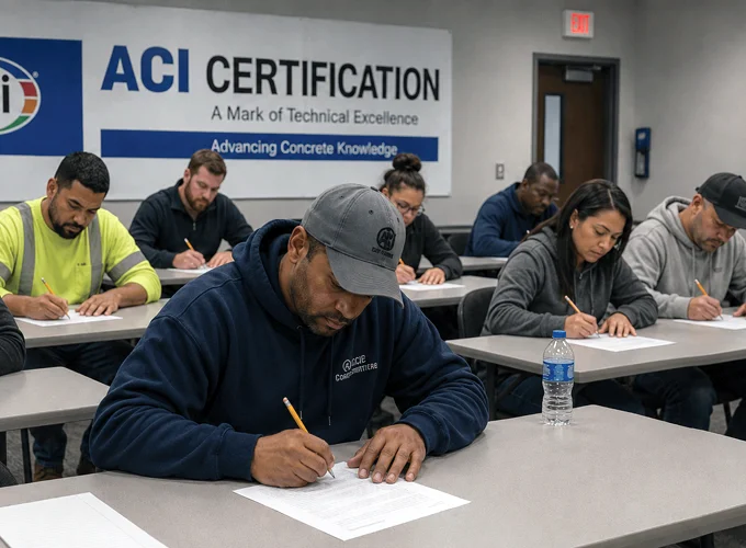 Diverse group of construction professionals taking a written exam for tilt-up concrete certification.